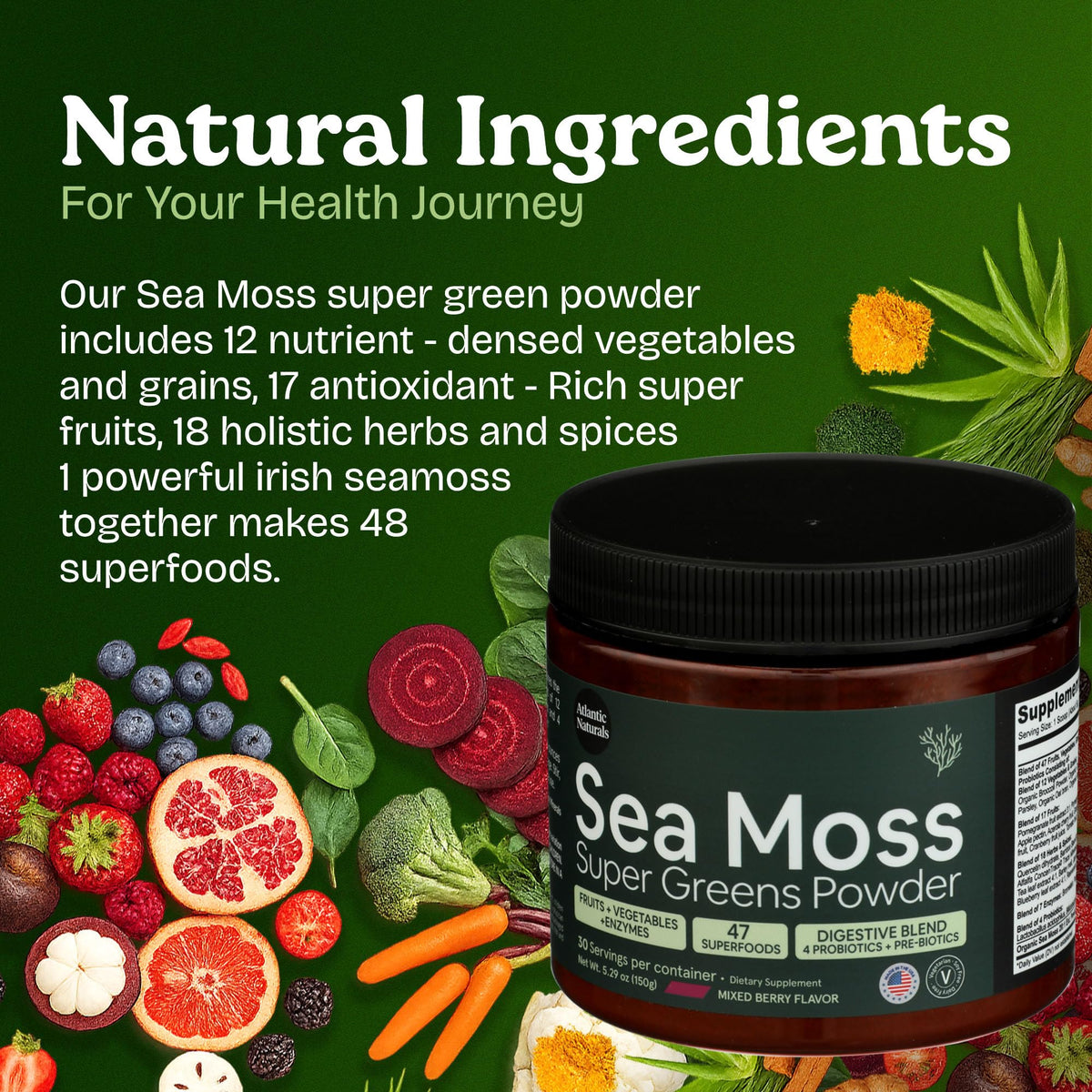 Atlantic Naturals Sea Moss Powder lifestyle scene with healthy snacks