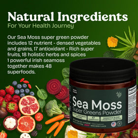 Atlantic Naturals Sea Moss Powder lifestyle scene with healthy snacks