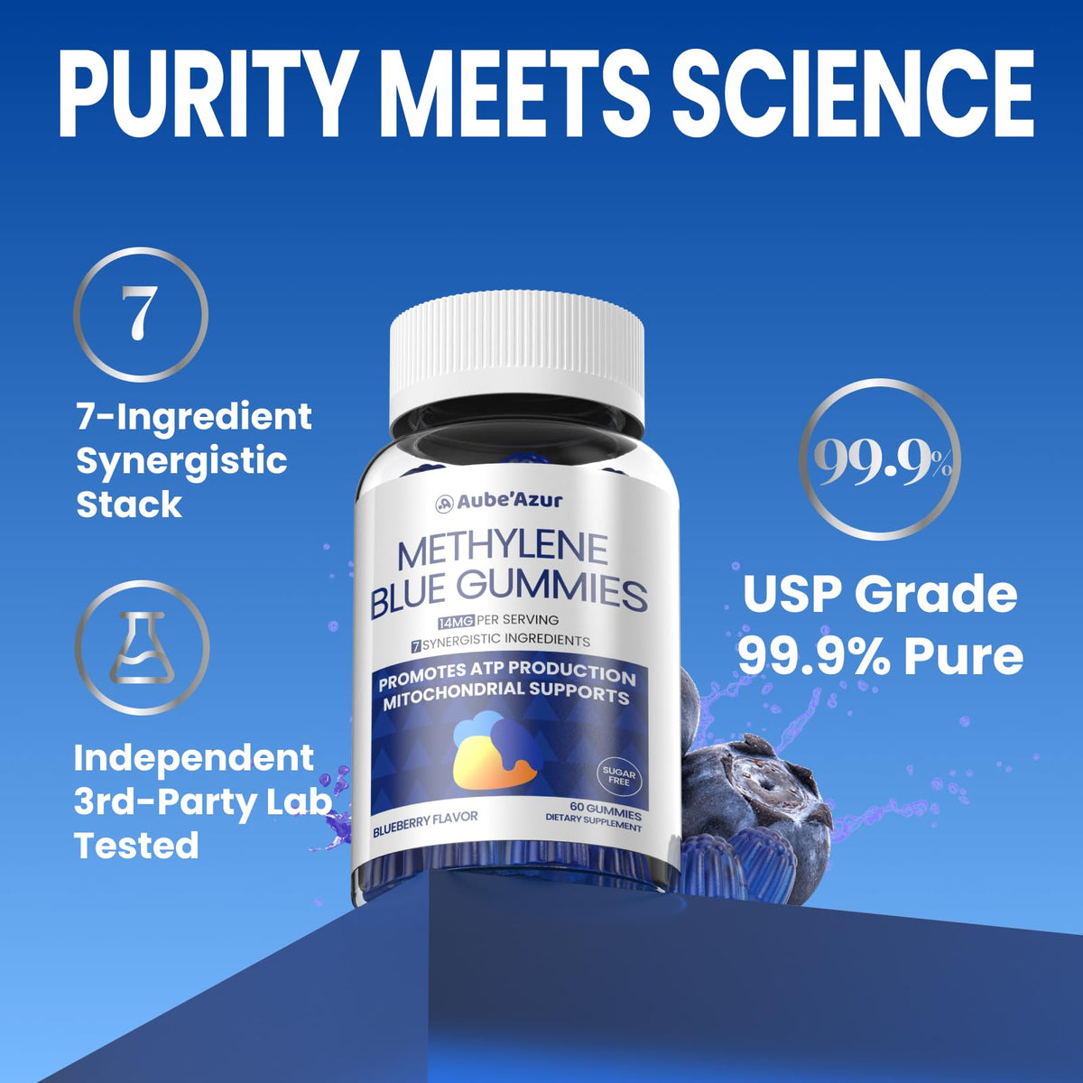 Aube'Azur Methylene Blue Gummies 14mg side view of bottle