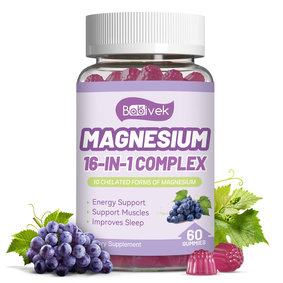 Babivek Magnesium Gummies bottle front view with grape flavour