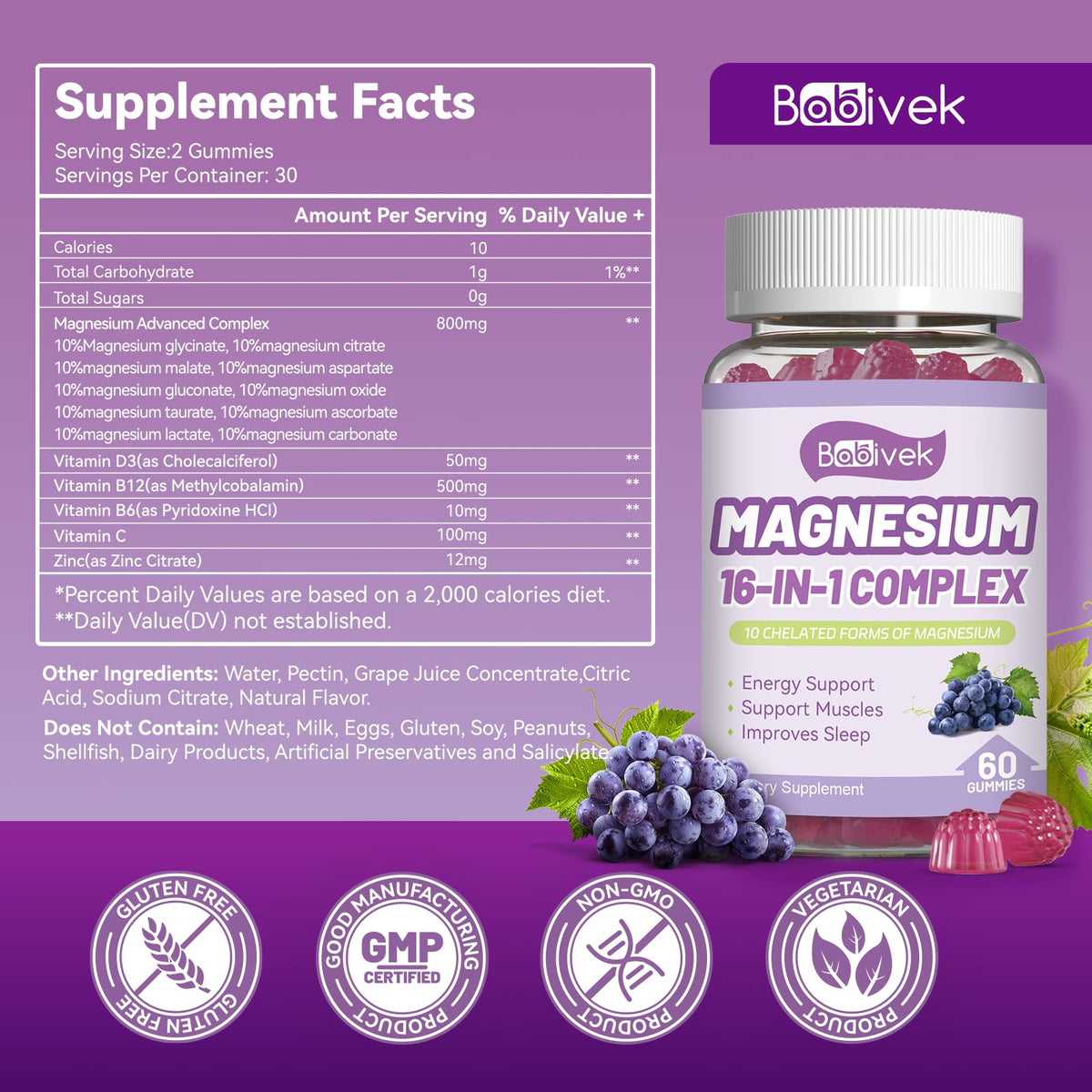 Babivek Magnesium Gummies bottle side view