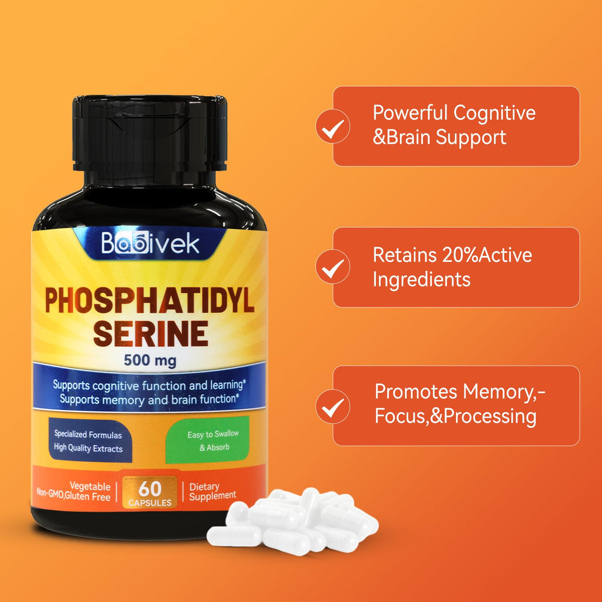 Babivek Phosphatidylserine 500mg supplement bottle side view