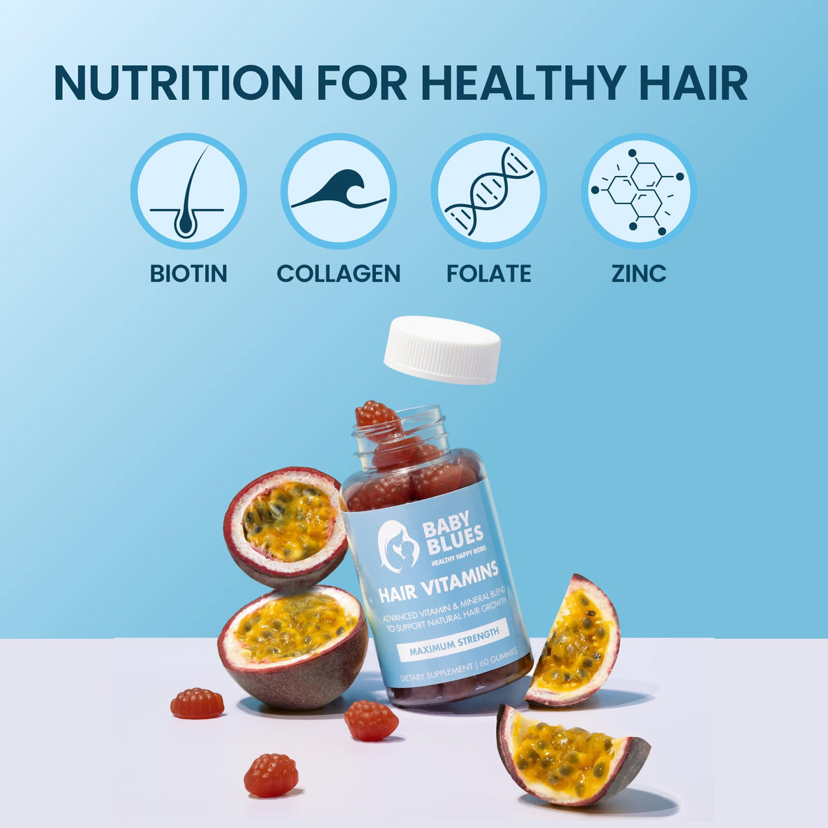 Baby Blues Postpartum Hair Loss Vitamins Gummies in a hand