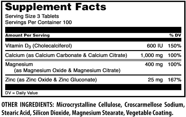 Back of Amazing Nutrition Calcium Magnesium Zinc 300 Tablets packaging