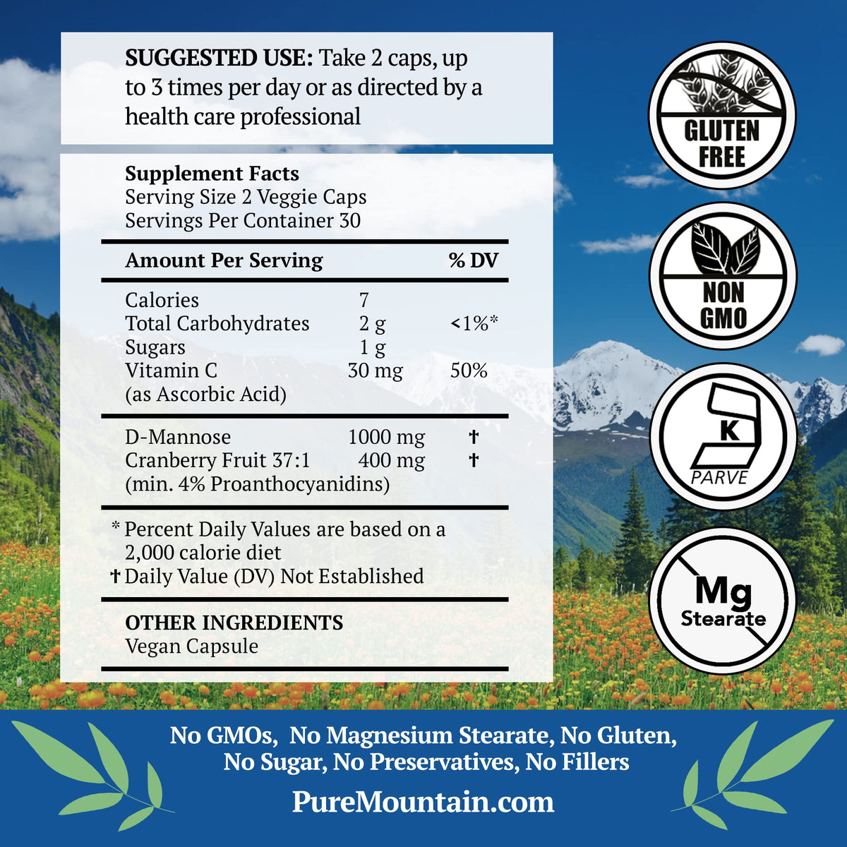 Back of Pure Mountain Botanicals D Mannose capsules bottle
