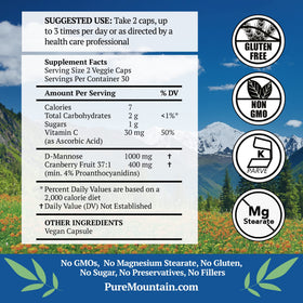 Back of Pure Mountain Botanicals D Mannose capsules bottle