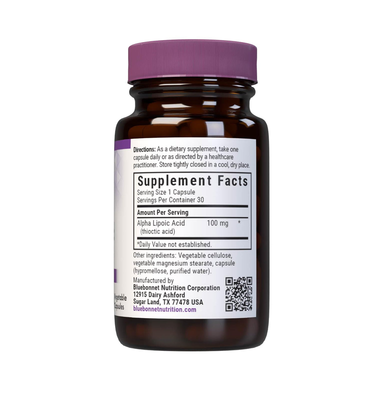 Back view of BlueBonnet Alpha Lipoic Acid capsule bottle