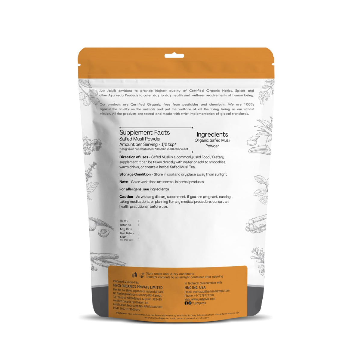 Back view of Just Jaivik Organic Safed Musli Powder 227g packaging