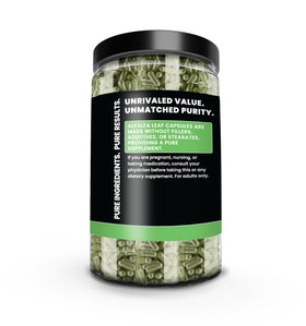 Back view of PURE ORIGINAL INGREDIENTS Alfalfa Leaf Capsules bottle with nutrition facts