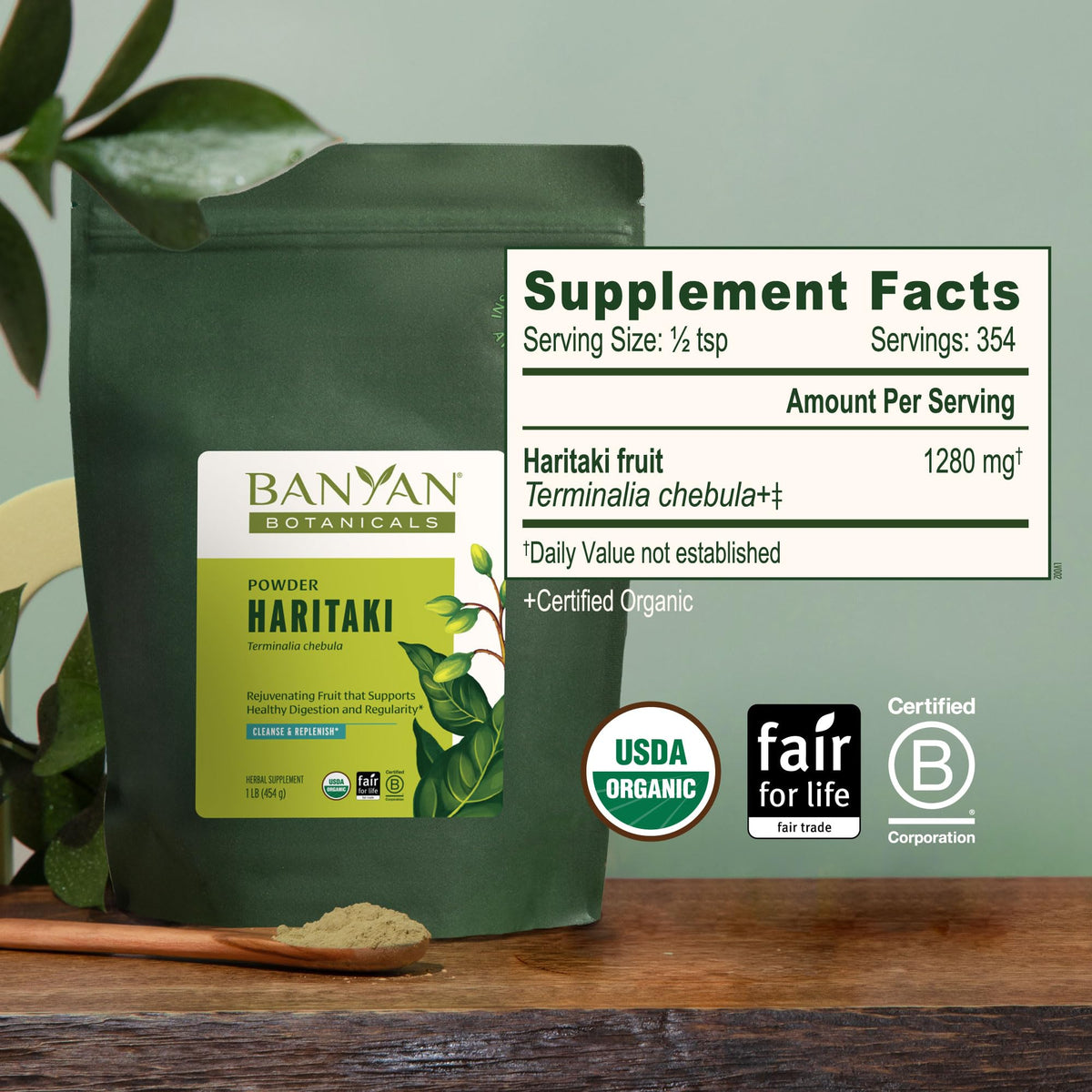 Banyan Botanicals Organic Haritaki Powder 1lb with measuring spoon