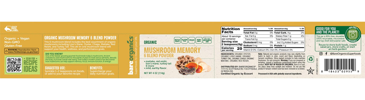 BareOrganics Mushroom Memory Blend Powder ingredients close-up