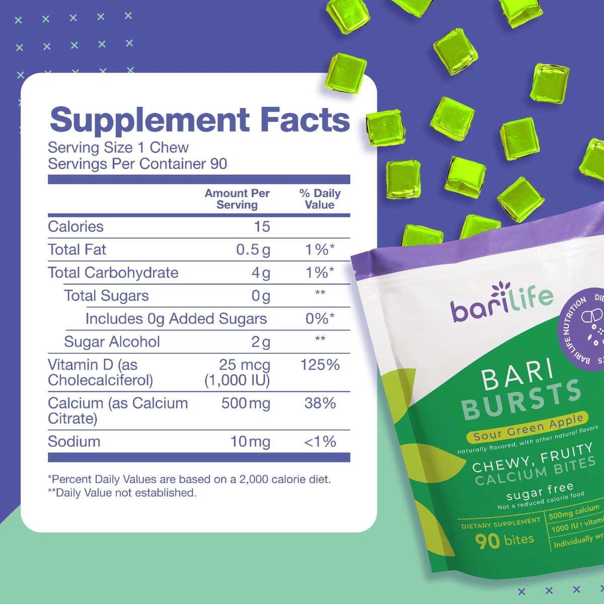 Bari Life Calcium Citrate Soft Chews close-up of chews in sour green apple flavour
