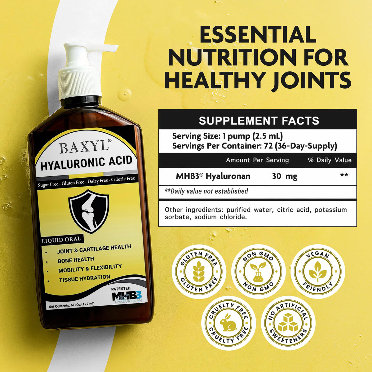 BAXYL Liquid Hyaluronic Acid Supplement label close-up
