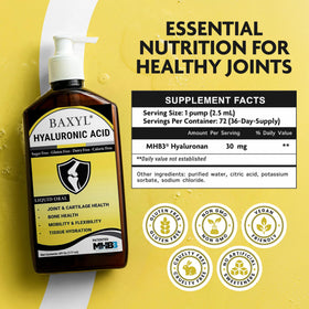BAXYL Liquid Hyaluronic Acid Supplement label close-up