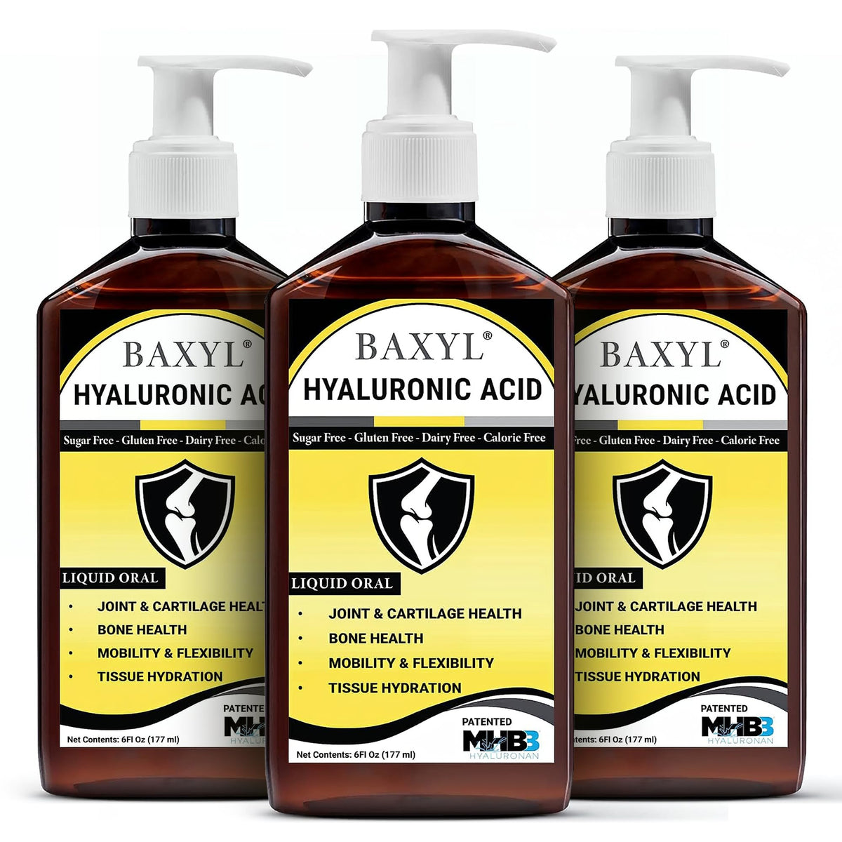BAXYL Liquid Hyaluronic Acid Supplement three 6 oz bottles front view