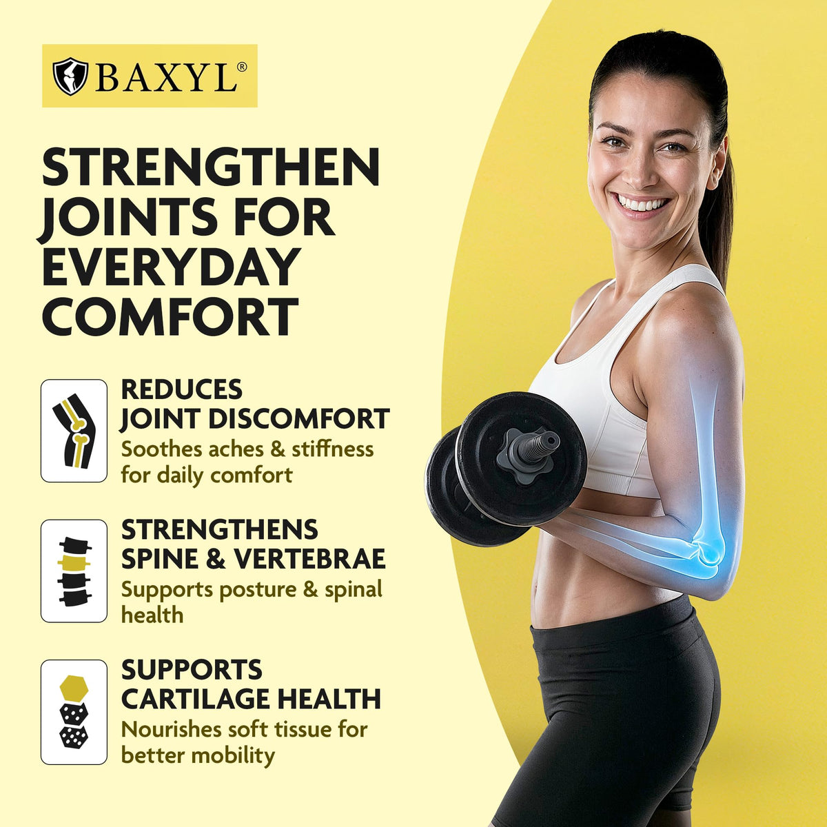 BAXYL Liquid Hyaluronic Acid Supplement with measuring cup