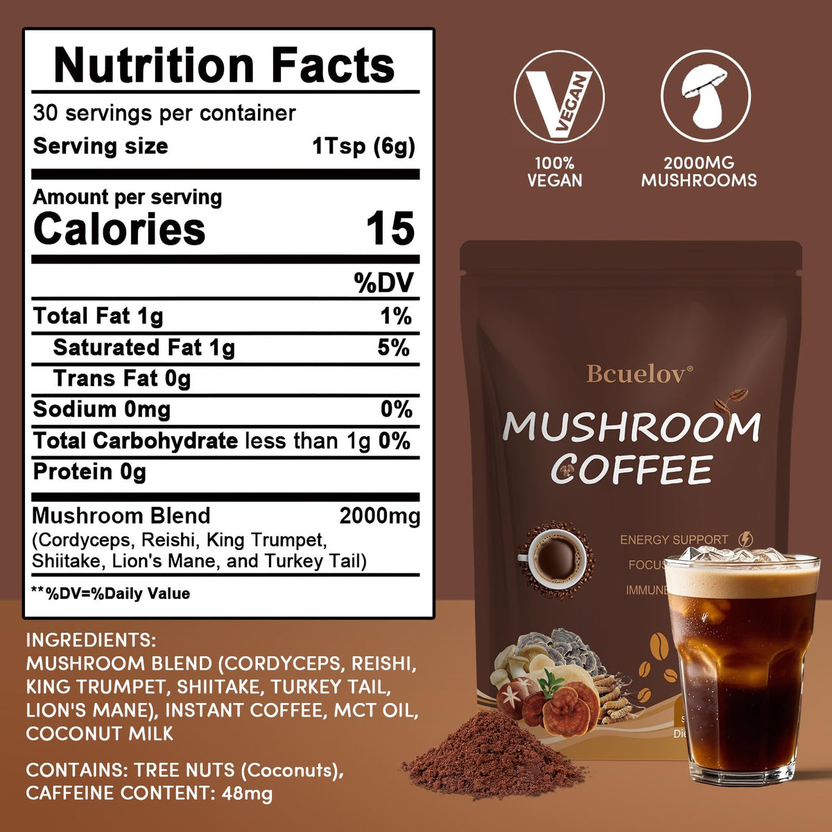 Bcuelov Mushroom Coffee serving suggestion in a cup