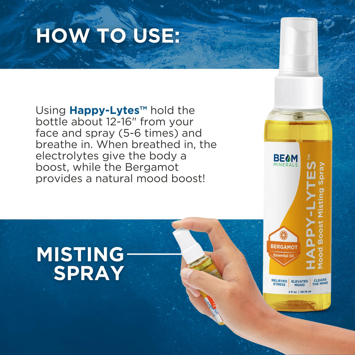 BEAM Minerals Happy-Lytes Mood support Spray 2 fl Oz held in hand