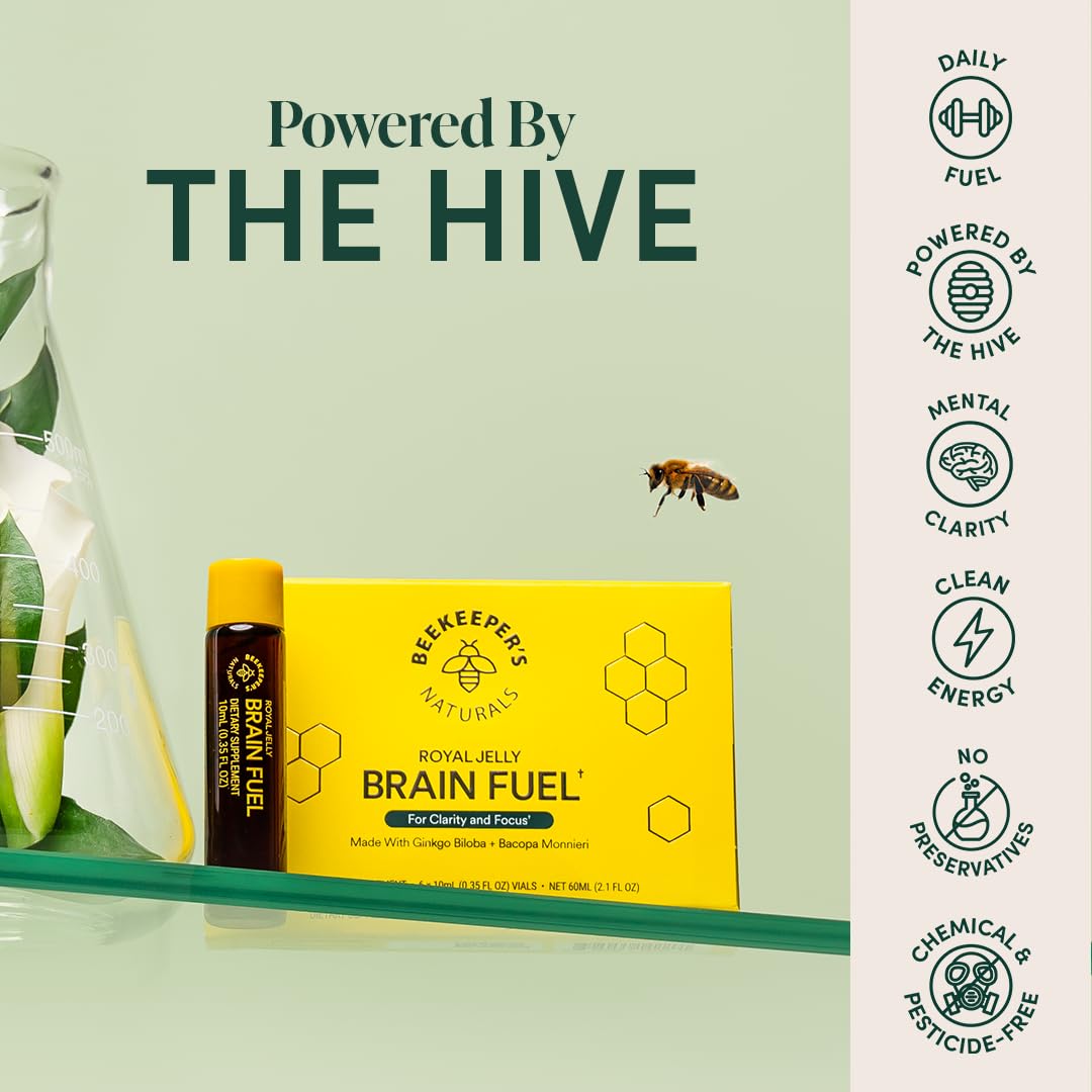 Beekeeper's Naturals Royal Jelly Brain Fuel vials arranged on a table