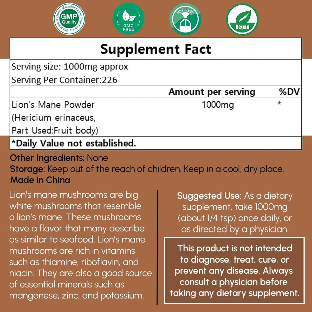 Beleon Goods For Life Lion's Mane Powder nutritional information