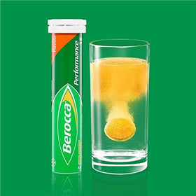 Berocca Orange Effervescent Tablets 45-Count with glass of water
