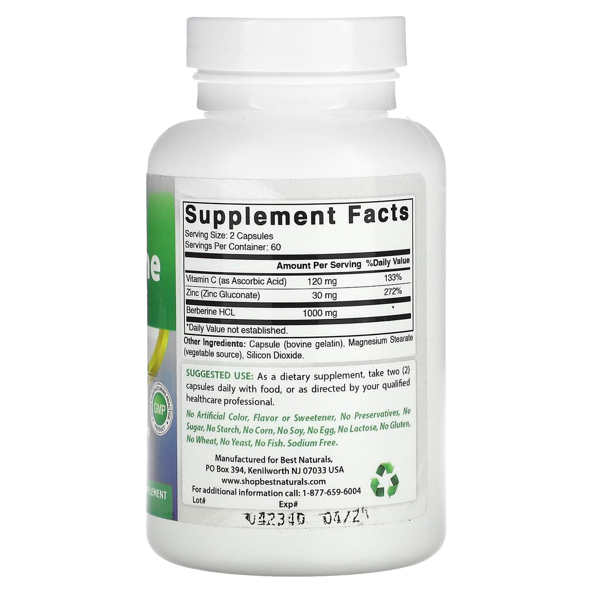 Best Naturals Berberine Plus 1000mg 120 Capsules side view
