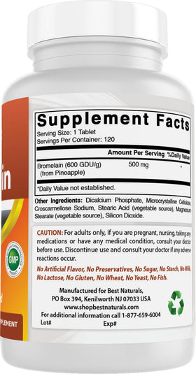 Best Naturals Bromelain 500mg 120 Tablets nutritional information