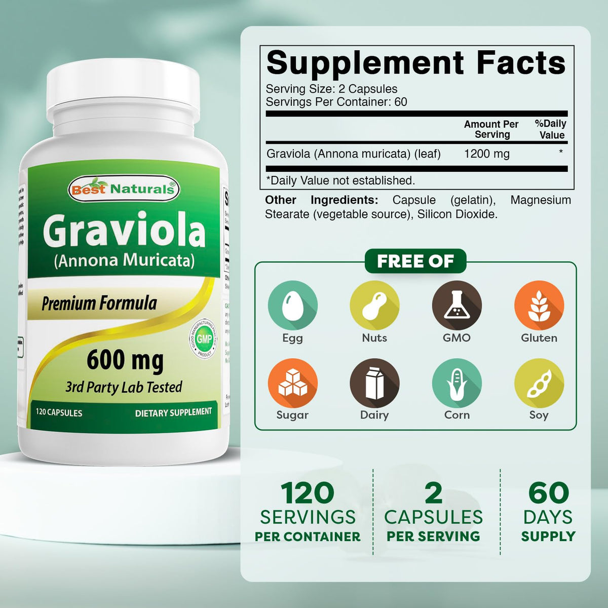 Best Naturals Graviola Capsules 600 mg side view
