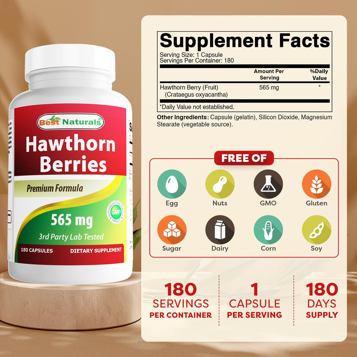 Best Naturals Hawthorn Berry 565 mg 180 Capsules side view