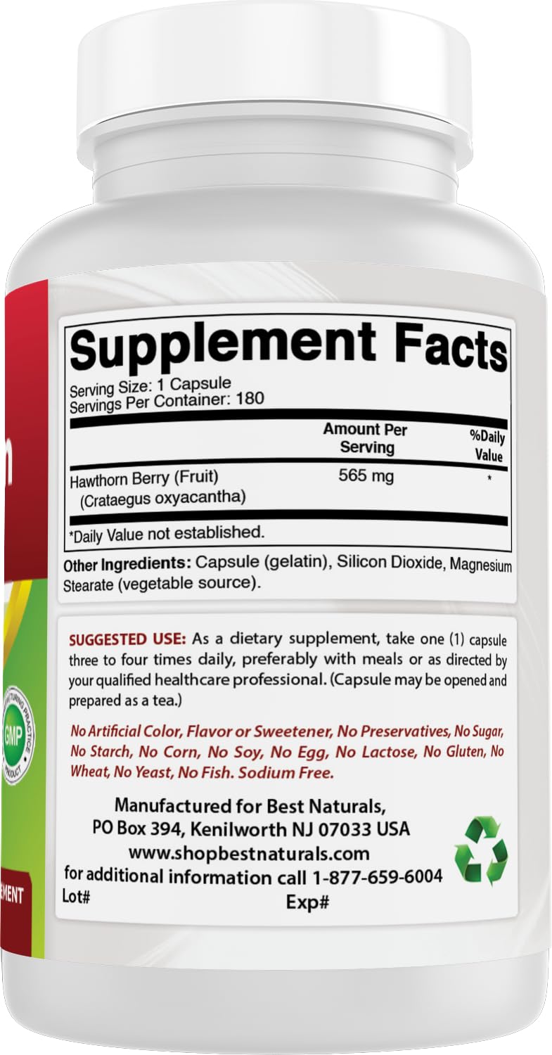 Best Naturals Hawthorn Berry 565 mg capsules on a wooden table