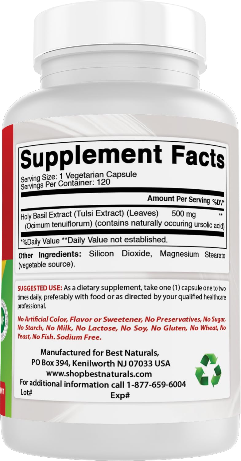 Best Naturals Holy Basil Extract 500 mg bottle on a wooden table