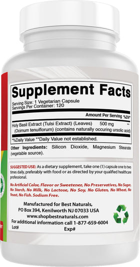 Best Naturals Holy Basil Extract 500 mg bottle on a wooden table