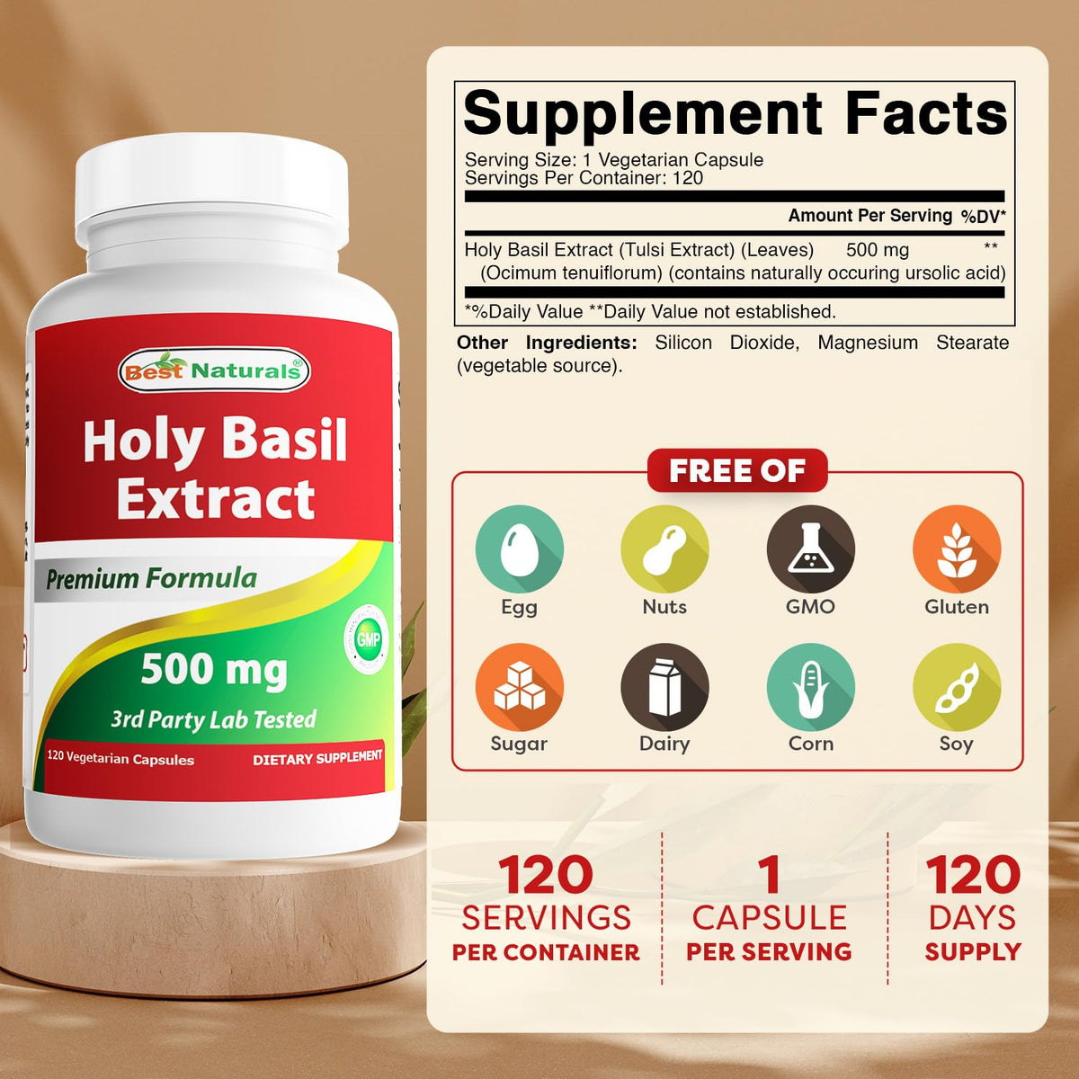 Best Naturals Holy Basil Extract 500 mg side view of bottle