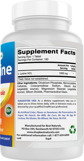 Best Naturals L-Lysine 1000mg 180 Tablets back view