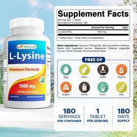 Best Naturals L-Lysine 1000mg 180 Tablets side view