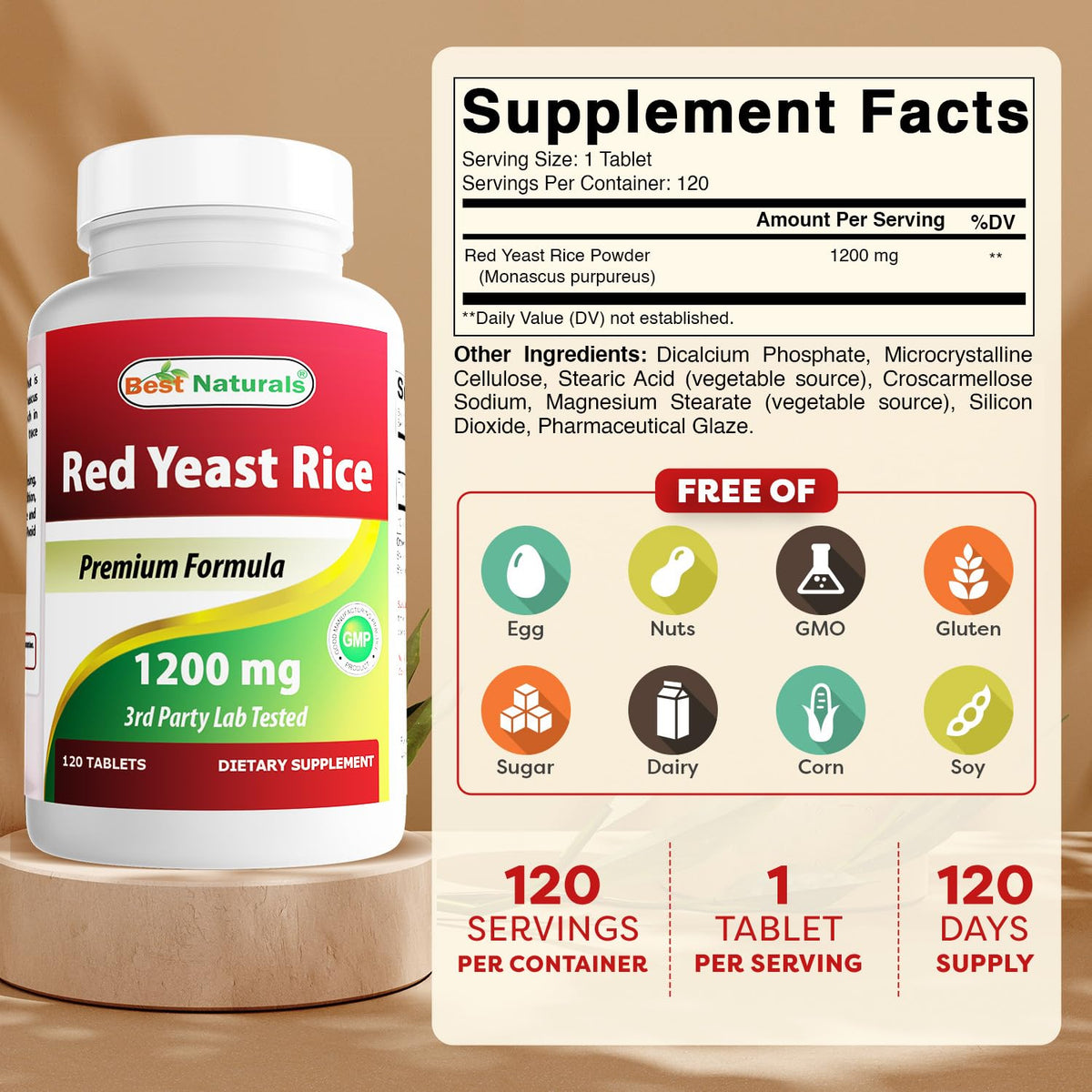 Best Naturals Red Yeast Rice 1200 mg 120 Tablets side view