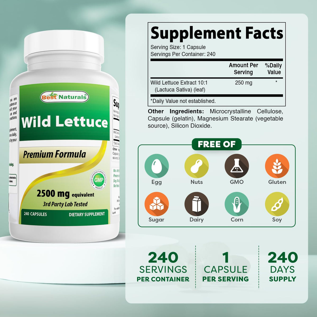 Best Naturals Wild Lettuce Extract 250 mg 240 Capsules side view
