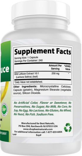 Best Naturals Wild Lettuce Extract 250 mg bottle with label visible