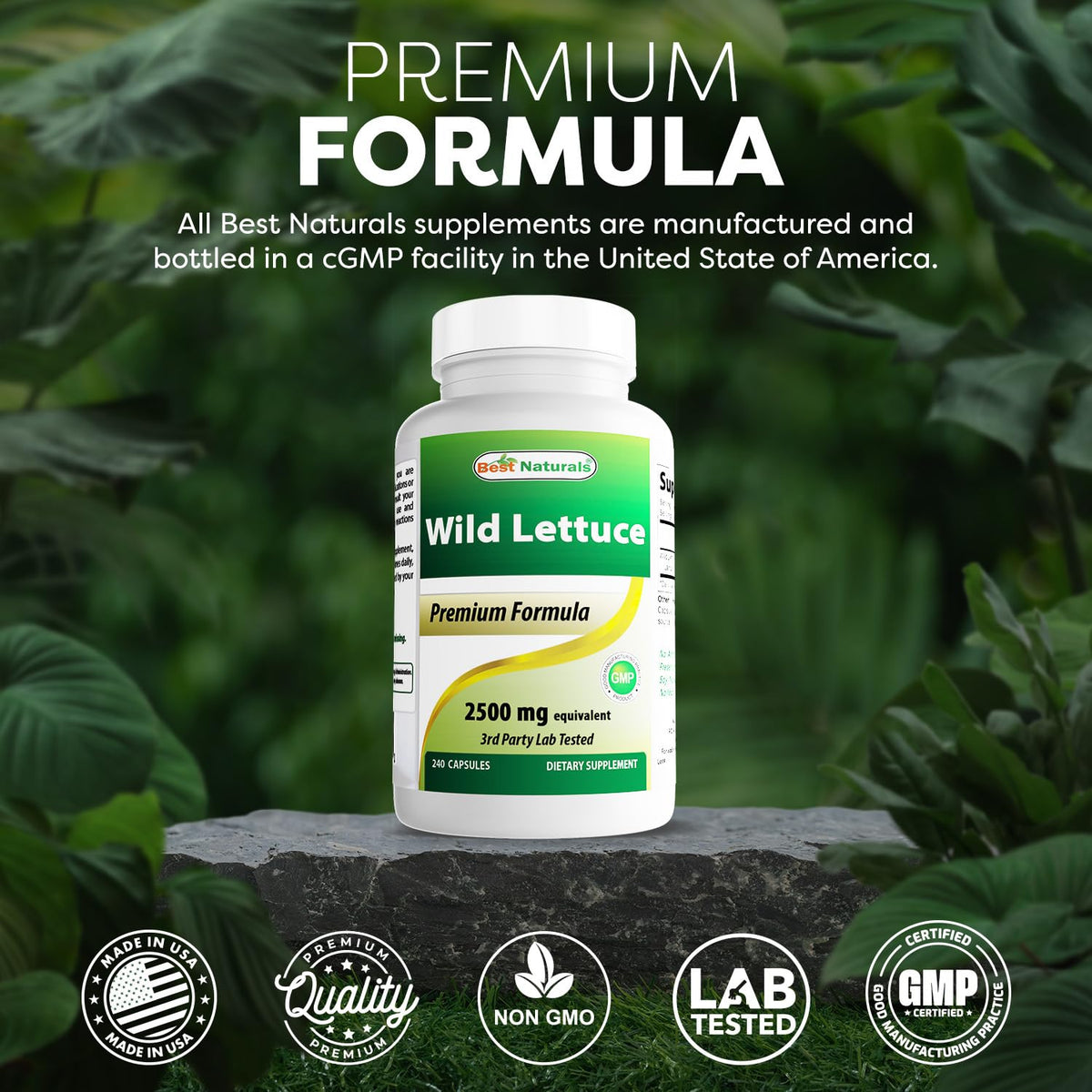 Best Naturals Wild Lettuce Extract 250 mg capsules with a measuring spoon