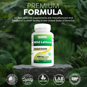 Best Naturals Wild Lettuce Extract 250 mg capsules with a measuring spoon