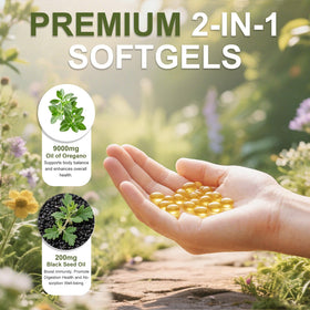 BEWORD Oil of Oregano with Black Seed Oil softgels in hand