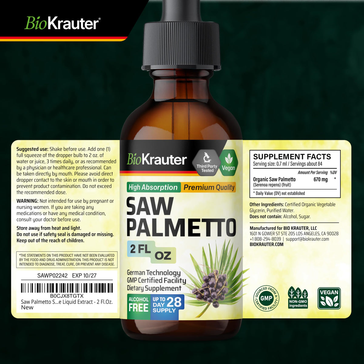 BIO KRAUTER Saw Palmetto Tincture with herbal background
