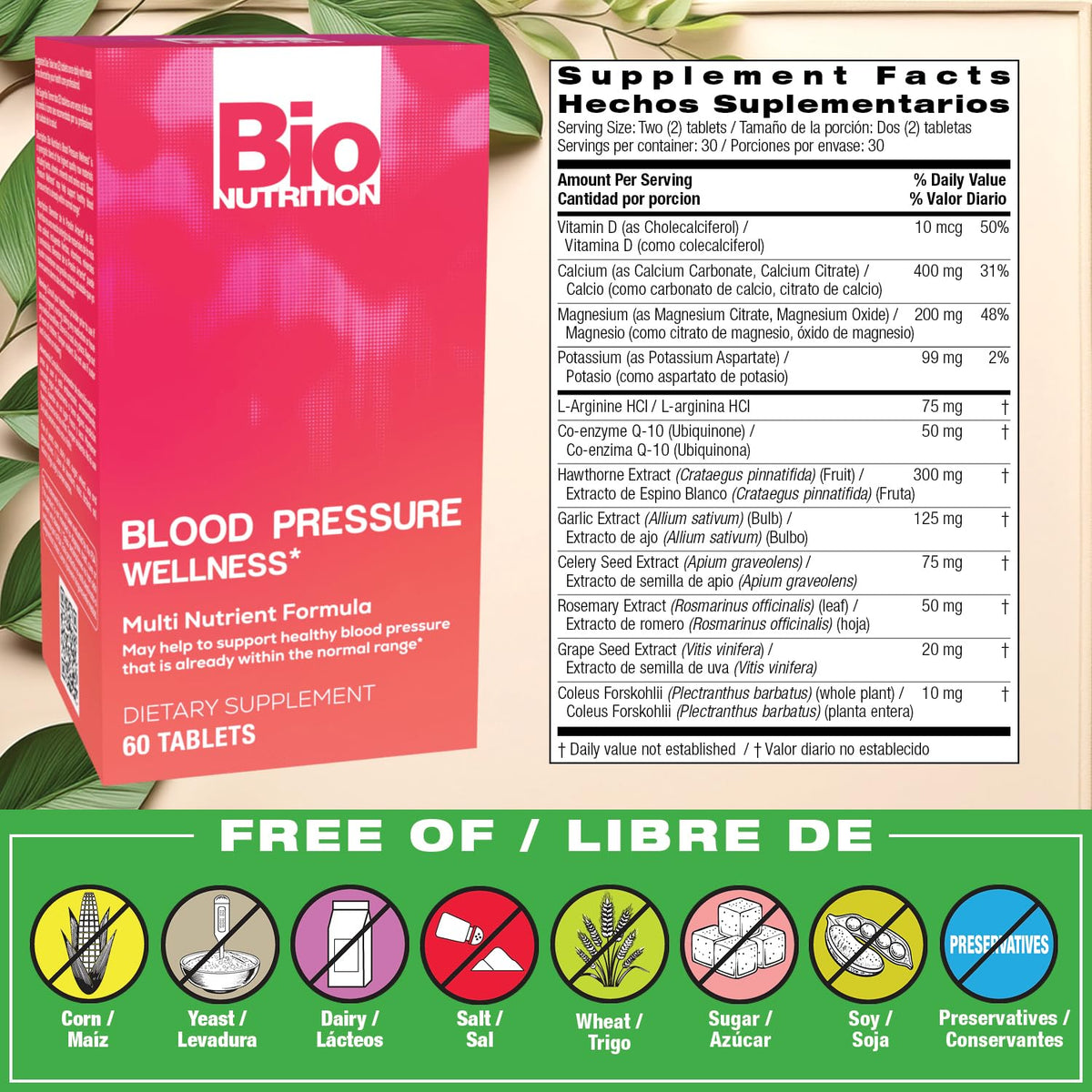 Bio Nutrition Blood Pressure Wellness Tabs bottle side view