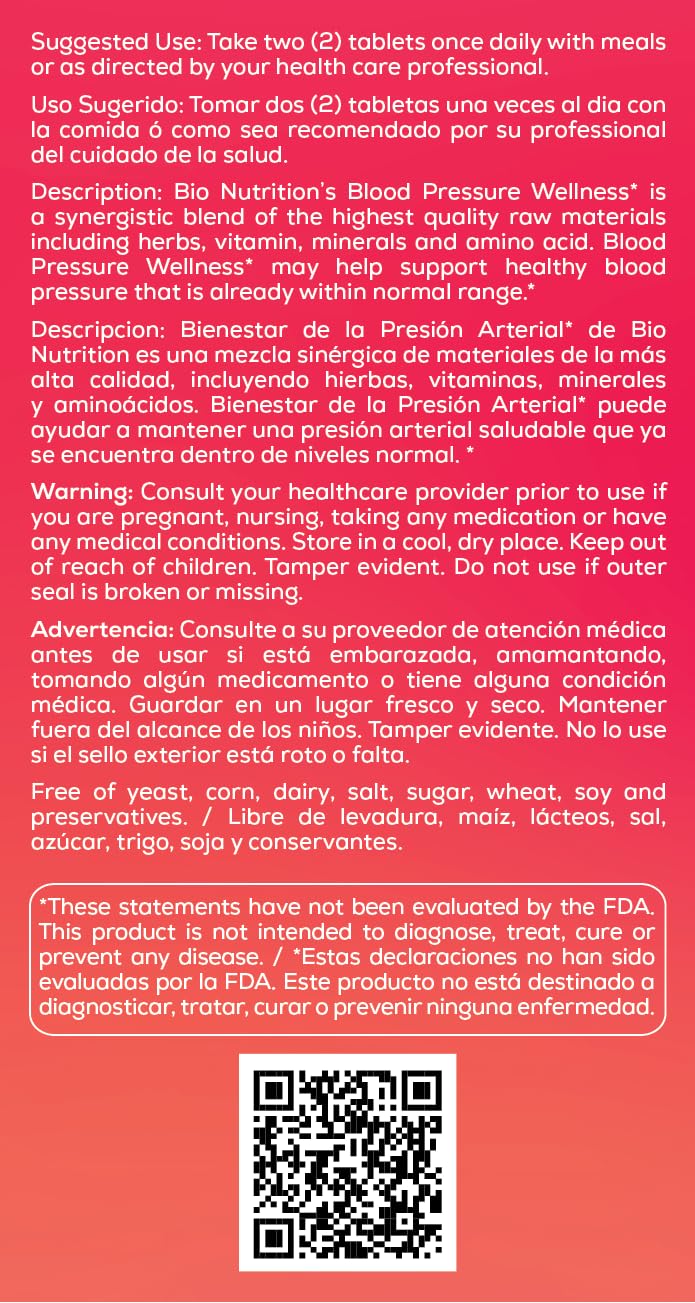Bio Nutrition Blood Pressure Wellness Tabs nutritional information