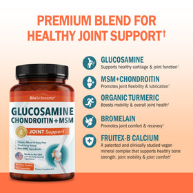 BioSchwartz Glucosamine Chondroitin MSM Supplement capsules on a wooden surface