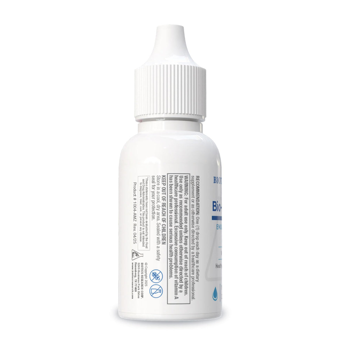 BIOTICS RESEARCH Bio Ae Mulsion liquid vitamin A in a measuring spoon