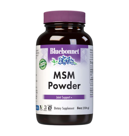 BlueBonnet MSM Powder 8 oz front view with amber glass packaging