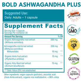 Bold Botanica Ashwagandha Supplement bottle with Amla and Holy Basil