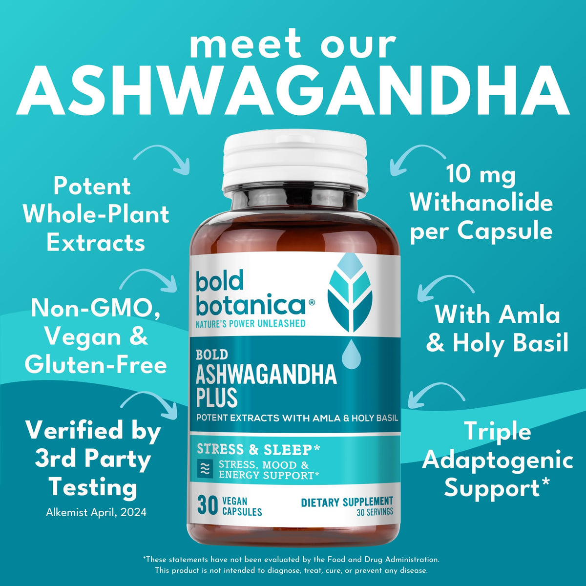 Bold Botanica Ashwagandha Supplement capsules on a wooden surface