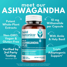 Bold Botanica Ashwagandha Supplement capsules on a wooden surface
